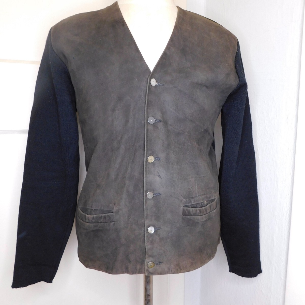 Vtg 60s Puritan Mens L Black Cardigan Knit Sweater Suede Vtg 60s Puritan Mens L Black Cardigan Knit Sweater Suede