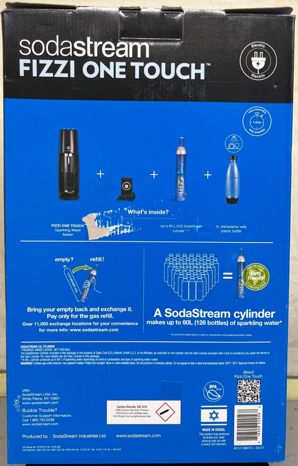 New SodaStream Fizzi One Touch Soda Maker Black With Full 60L Co2 Cylinder