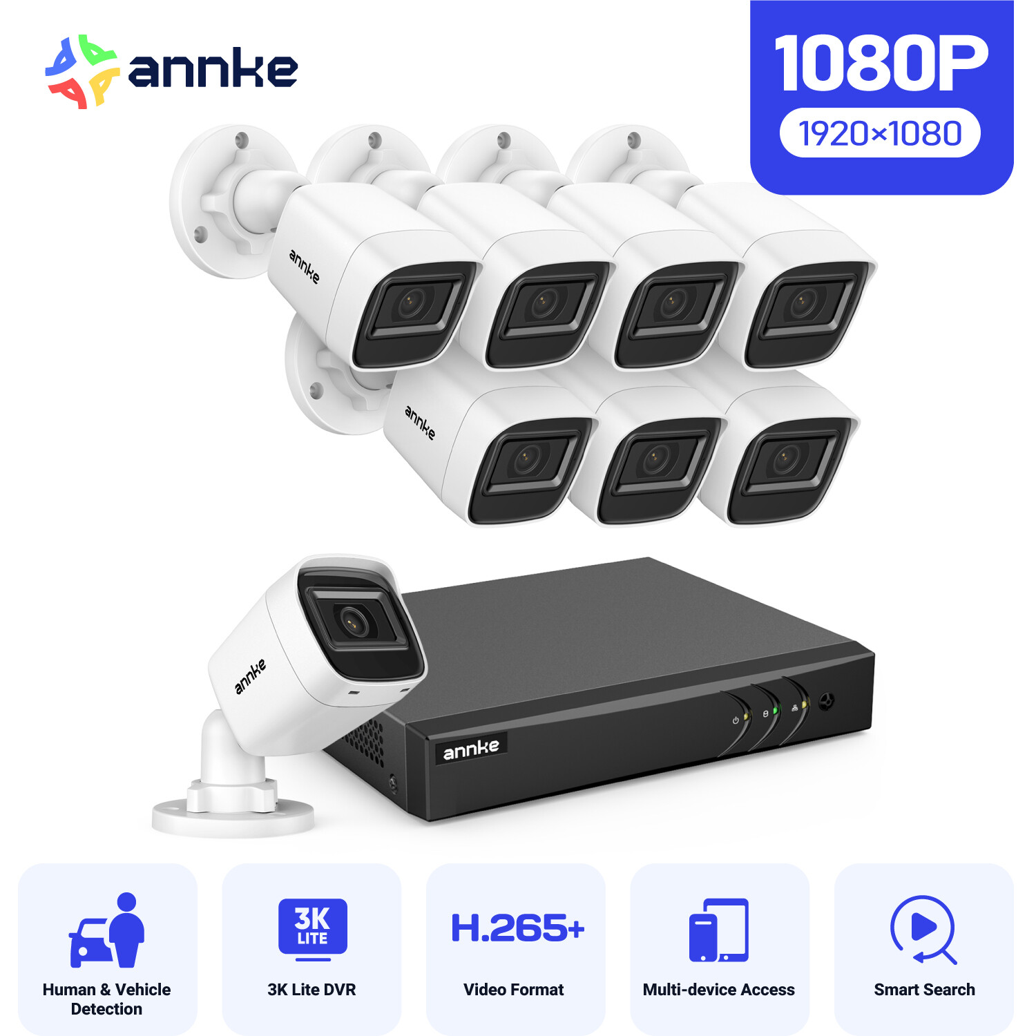 ANNKE 3K Lite 8CH DVR 1080P Video AI Security Camera System Outdoor CCTV H.265+