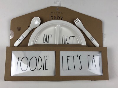 Rae Dunn 5 Piece Baby Gift Set ''FOODIE'' ''BUT FIRST'' Bib Bodysuit Utensils LL 6-9