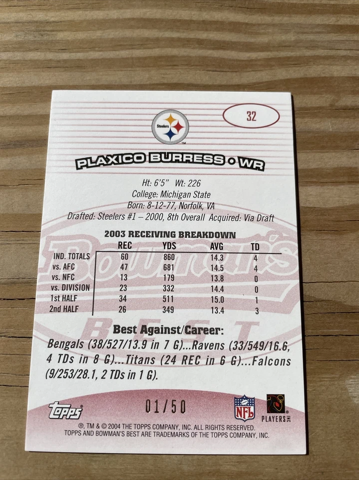 2004 Bowman’s Best Plaxico Burress /50 Steelers - Image 4 of 4