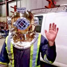 Vintage Full Size US Navy Brass Mark V Sea Scuba Wood Base Divers Diving Helmet