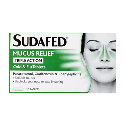 Sudafed Mucus Relief Triple Action cold and flu tablets 16 tablets