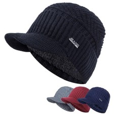 MENS PEAKED KNIT WINTER WARM FLEECE LINED CAP HAT BEANIE EAR FLAPS WORK OUTDOOR