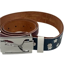 Gelante Full Grain Leather Belt Silver Metal Puma Snap Buckle Size 38-40 Flag