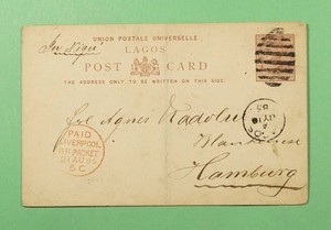 DR WHO 1885 NIGERIA LAGOS POSTAL CARD BRITISH SHIP TO GERMANY R71907