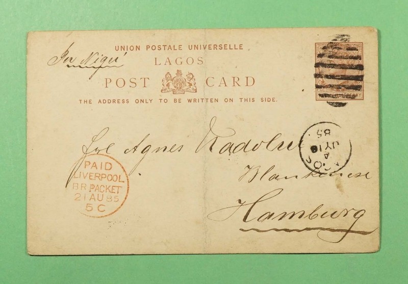 DR WHO 1885 NIGERIA LAGOS POSTAL CARD BRITISH SHIP TO GERMANY R71907