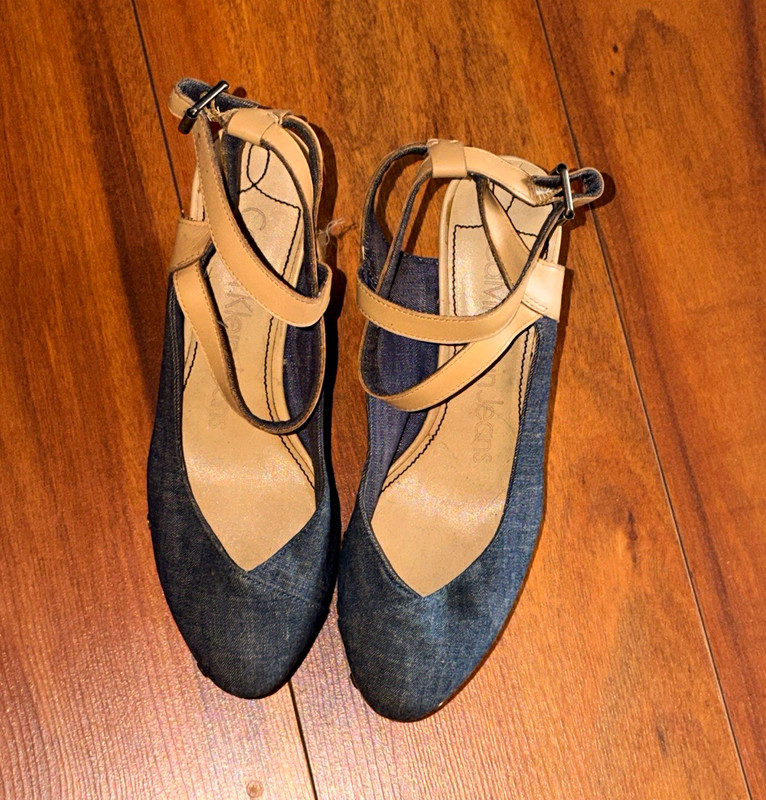 Calvin Klein Jeans Women’s Blue/Beige Denim Ankle Strap Ballet Flats 8