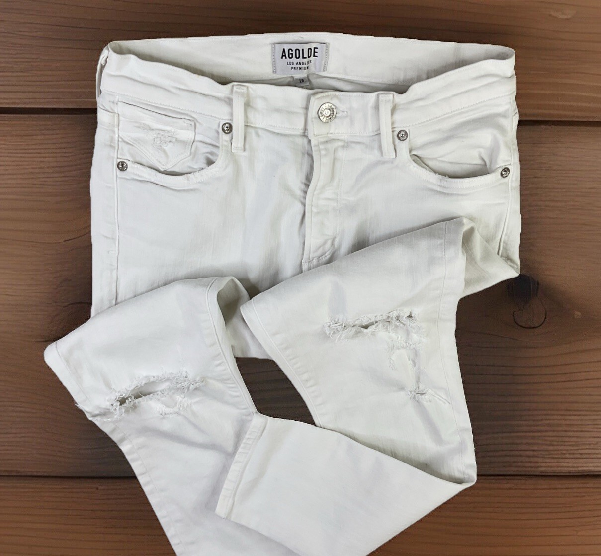 Agolde Jeans Women Sz 28 Sophie Crop High Rise Distressed White Stretch Premium