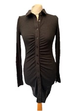 Prettylittlething Black Ribbed Dress Size 8 Long Sleeve Short Collar Womens