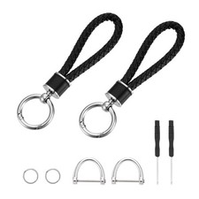 2 Pcs Weave Key Chain Ring Braided Rope Leather Keychain Black