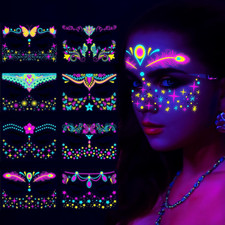 Glow in the Dark Tattoos Stickers, Fake Face Temporary Tattoos Makeup UV Neon Fl