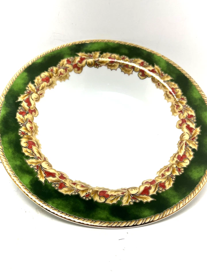 Lot of 2 Christmas American Atelier Noel Rimmed Soup Bowls Green Gold Rim - Image 4 of 4