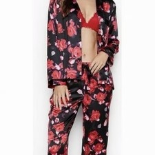 Victoria  s Secret Pajama Set Sz Large Black Red Roses Collared Satin Silky