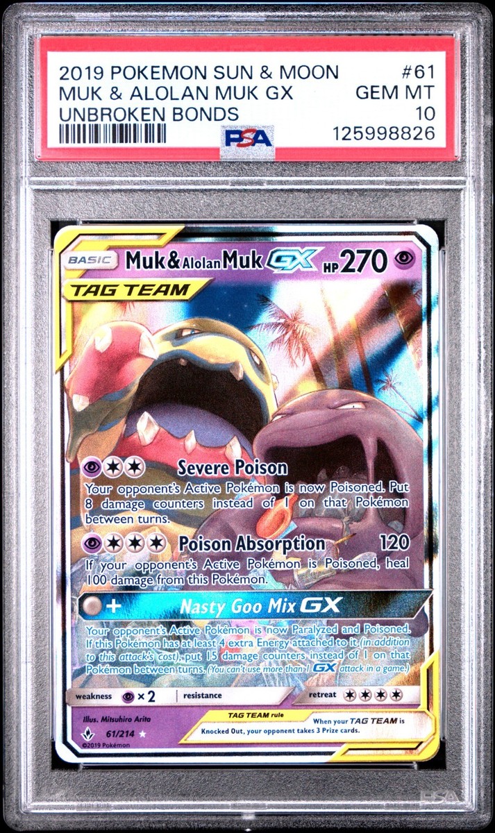 2019 POKEMON SUN & MOON UNBROKEN BONDS 61 MUK & ALOLAN MUK GX PSA