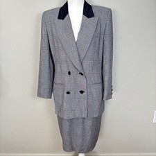 Christian Dior Vintage 80s Navy Blue Houndstooth Skirt Suit Set-Satin Collar-6
