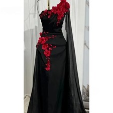 Black Mermaid Evening Dress One Shoulder Chiffon Cape 3D Red Floral Formal Gowns