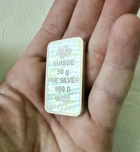 Rare! 50 Gram PAMP Suisse 999.0 Fine Silver Bar Rose Design – Low Serial B000302