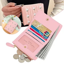 Women Mini Pink Bifold Leather Wallet Mini Card Bag Zipper Cute Pocket Purse us