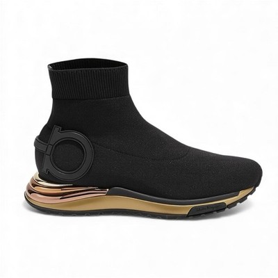Salvatore Ferragamo Gancini  Sock Sneakers Size 8 Shoes Black Gold