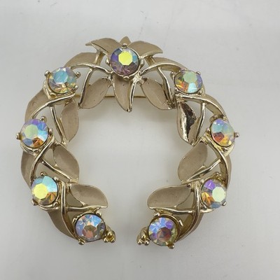 Vtg Kramer Brooch Pin AB Rhinestone Enamel Leaf Layered Book Piece