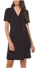 Michael Kors Women’s Sz Sm Black Mock Wrap Dress-Tie Waist-gold Ring-Cap Sleeves