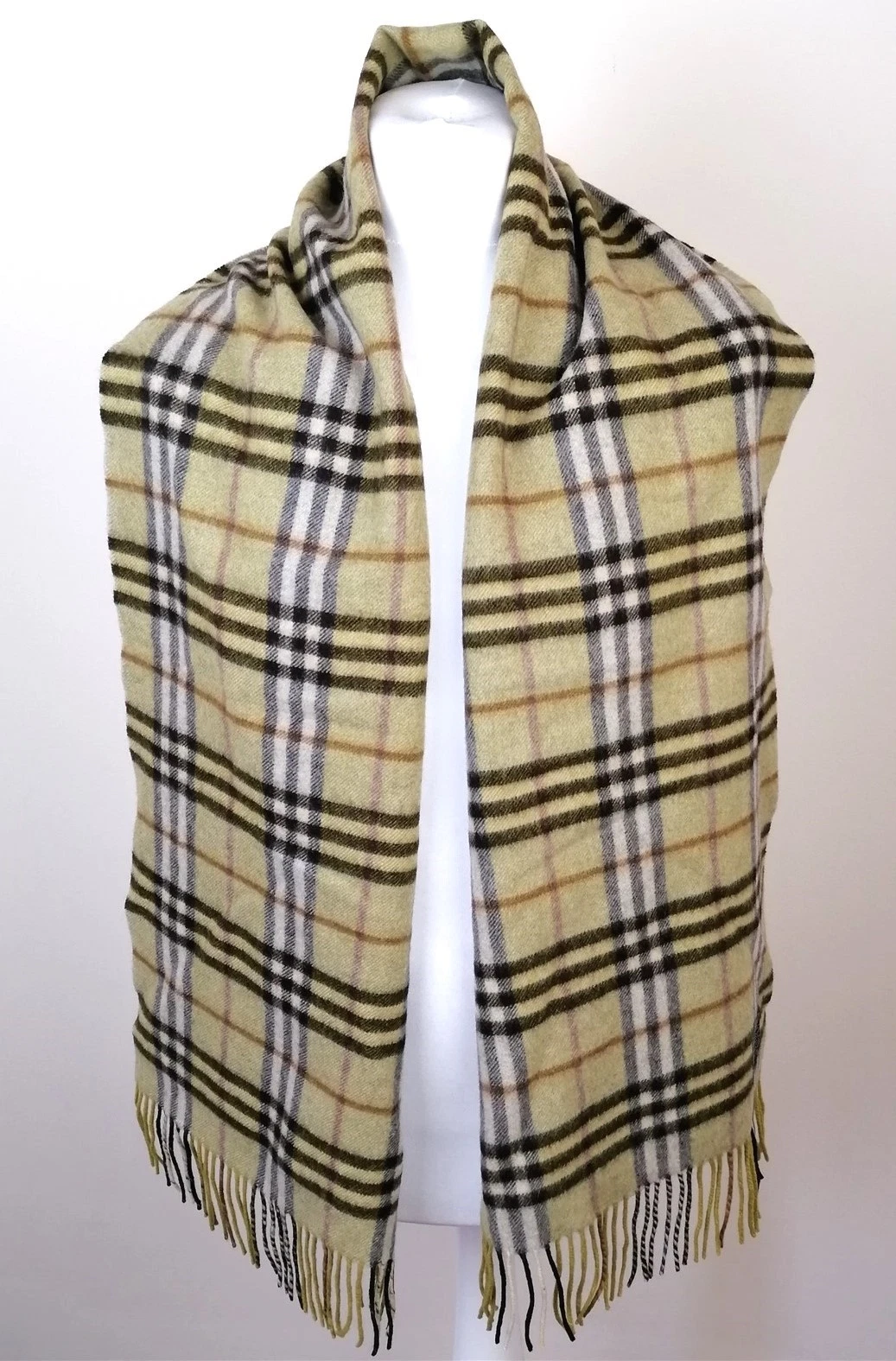 Burberry London Light Green Cream Nova Check Scarf One Size *100% Cashmere 2-144