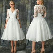 Church Wedding Dresses Half Sleeve V Neck Lace Applique Tea Length Bridal Gown