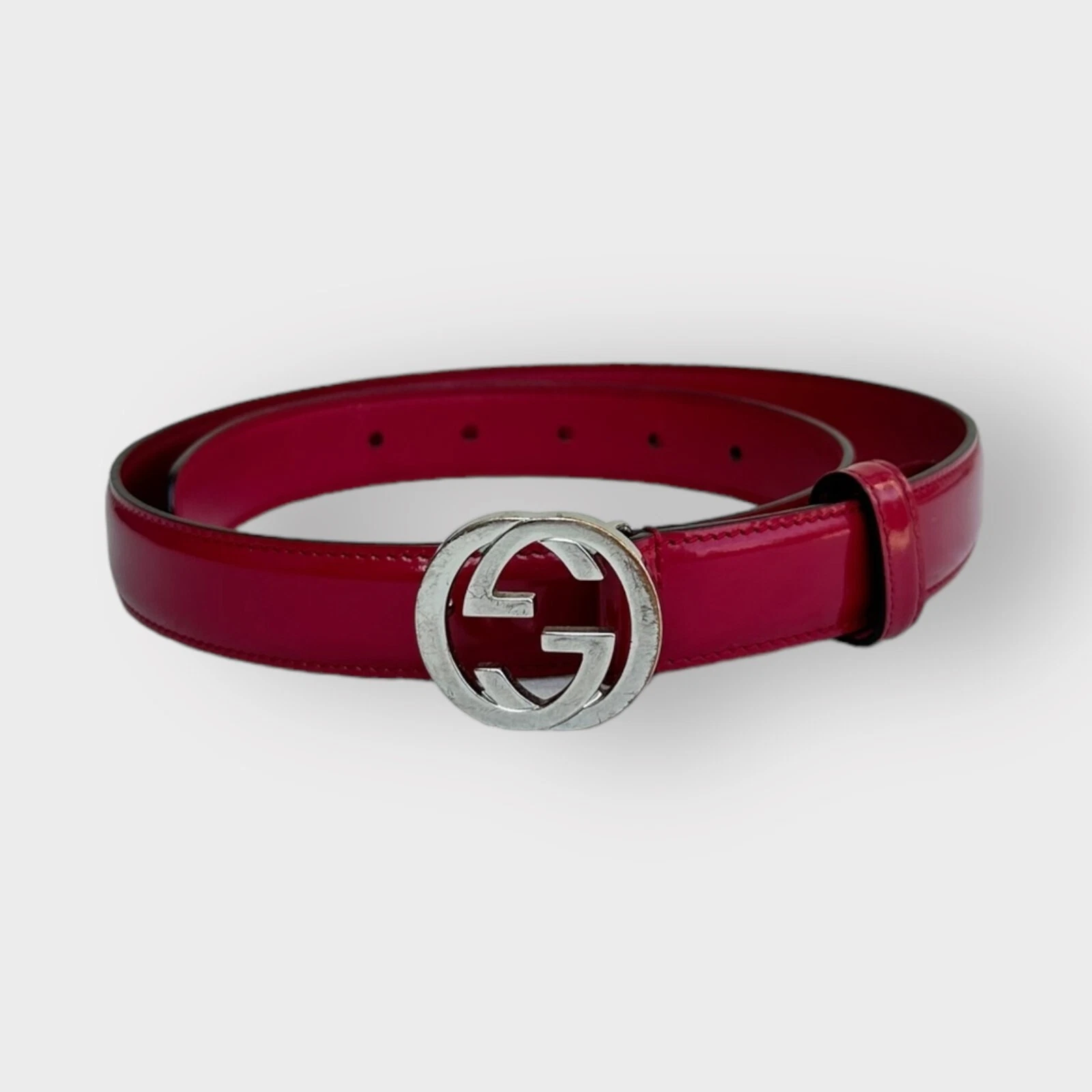 Authentique ceinture Gucci cuir verni rose vif boucle G imbriquée taille 80/32