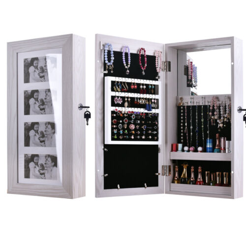 Jewelry Organizer Cabinet Wall Mounted W Lockable Door Mirror 4 Picture Frames - Picture 1 of 11