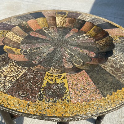 Vintage Moroccan Etched Brass Tin Round Tray Wood Folding Legs