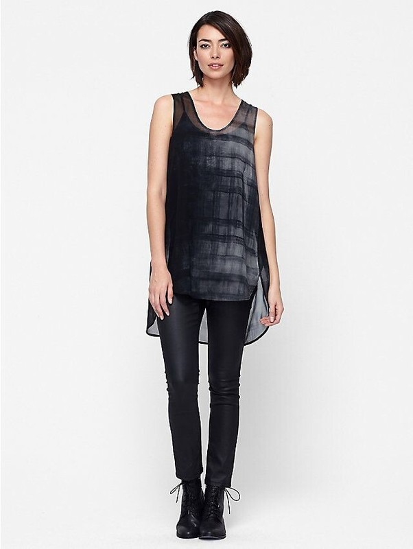 Eileen Fisher Charcoal Oxidized Printed Silk High-Low Tunic – Size Small – NWT