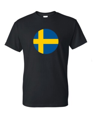 Round Swedish Flag T-Shirt Tee Shirt Black White Cotton Tshirt Sweden SE