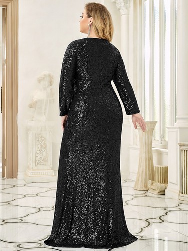 Women's Plus Size Shiny V Neck Sequin Long Sleeves Evening Dress - 第 2/30 張圖片