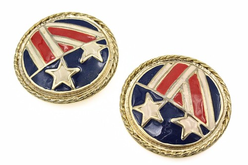 Honorable MCM Patriotic Enamel Gold Plate 4th of July Star Clip Earrings