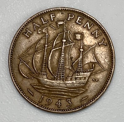 GREAT BRITAIN 1943 - Half Penny Bronze Coin - King George VI
