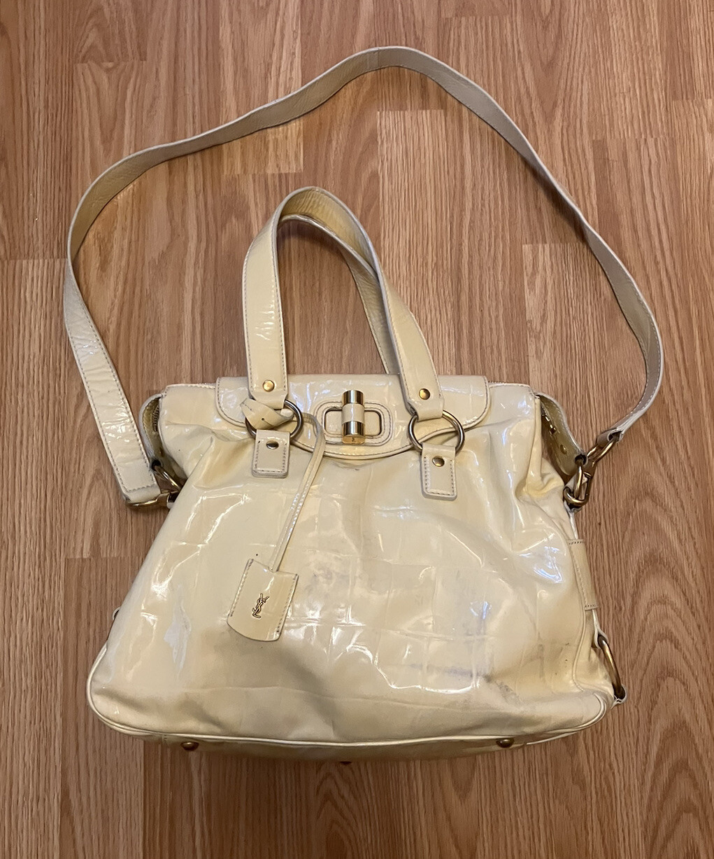 Borsa a tracolla Saint Laurent YSL Rive Gauche burro giallo crema in pelle verniciata