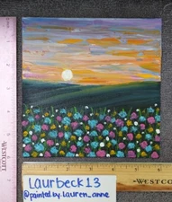 Original Oil Painting Abstract Landscape Wildflowers Field & Colorful Sunset Sky