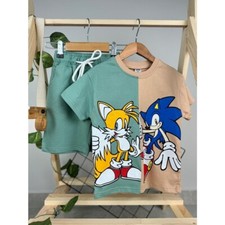 NWT Zara Boy's Green Cotton T-shirt and shorts Set with Cortoon