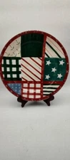 Vintage 2002 The Cellar Folk Art Round Christmas Platter Patchwork Red Green 