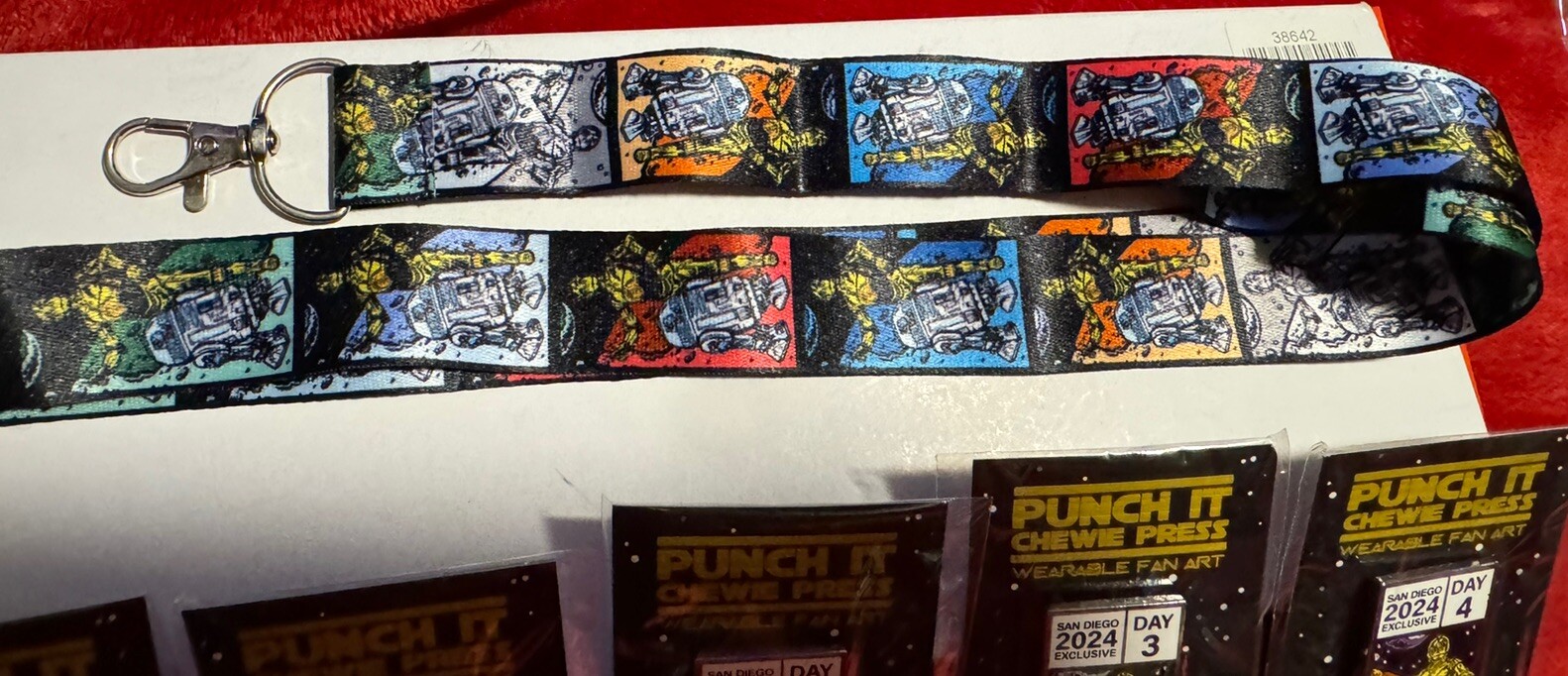 SDCC 24 Punch it Chewie Press Full Set Star Wars Daily Pins -C3PO R2D2 & Lanyard
