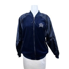 LAVON Velvet Bomber Jacket Navy Blue Y2K 90s Sporty Prep Athleisure Size Large