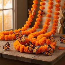 Marigold Garland for Decoration 5-Pack Artificial Orange Marigold Flowers wit...