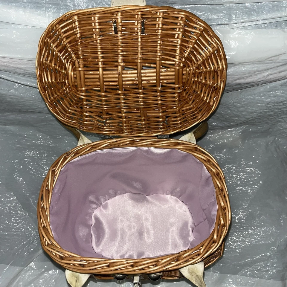 Bolsa cesta de tecido de vime vintage com forro de cetim rosa da Polônia - Imagem 3 de 4