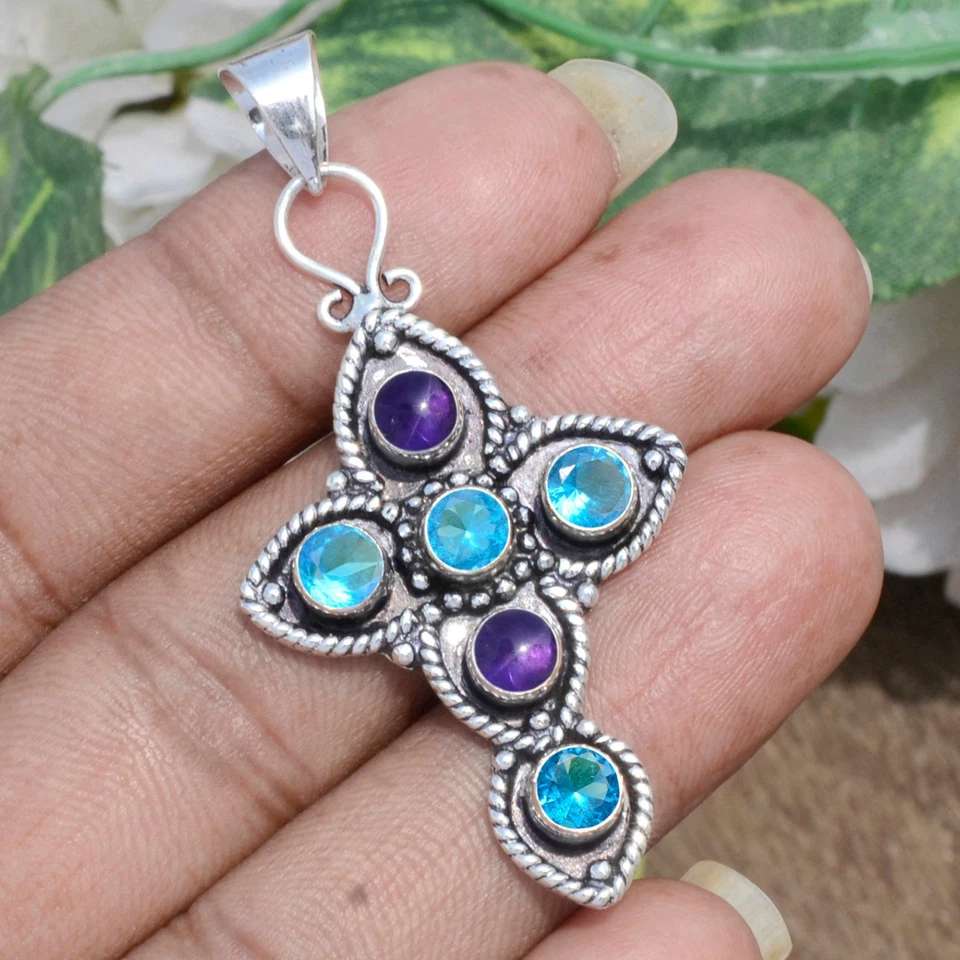 Colgante Cruz de Topacio Azul y Piedras Preciosas de Amatista Plata de Ley 925 Aspecto de Moda Foto 3 de 4