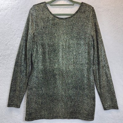 Womens Metallic Knit Tunic Top Medium* Black Gold Shiny Glam GNO Clubwear Party