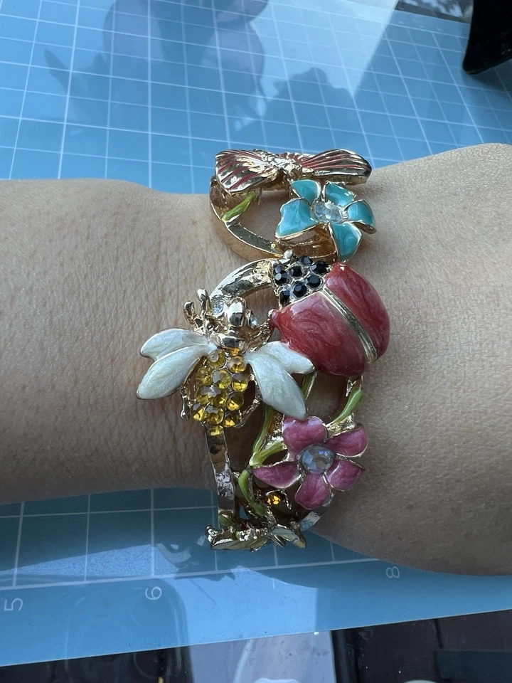 "Brazalete brazalete vintage Coldwater Creek dorado floral mariposa Beatle estrás 7""" Foto 2 de 4