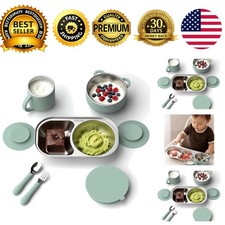 Toddler Plates and Bowls Set Stainless Steel Suction Detachable Sage Feeding Set