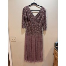 Pisarro Nights Beaded Embellished V Neck Midi Dress 3/4 Sleeve Evening Gown 8P