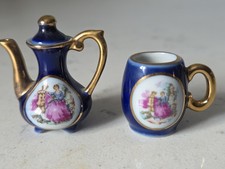 Vintage Miniature Tea Set Limoges-Style Porcelain Cobalt Blue  Gold 2 Pieces